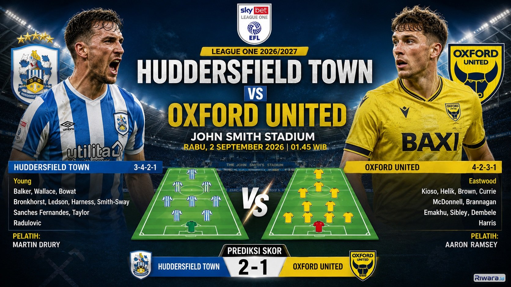 Prediksi Skor Huddersfield vs Oxford United League One Liga Inggris 2026-2027